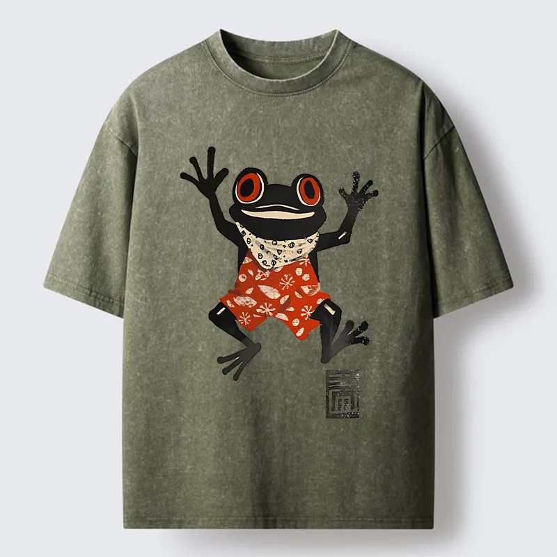 Tokyo-Tiger Japanese Happy Frog Ukiyoe Washed T-Shirt