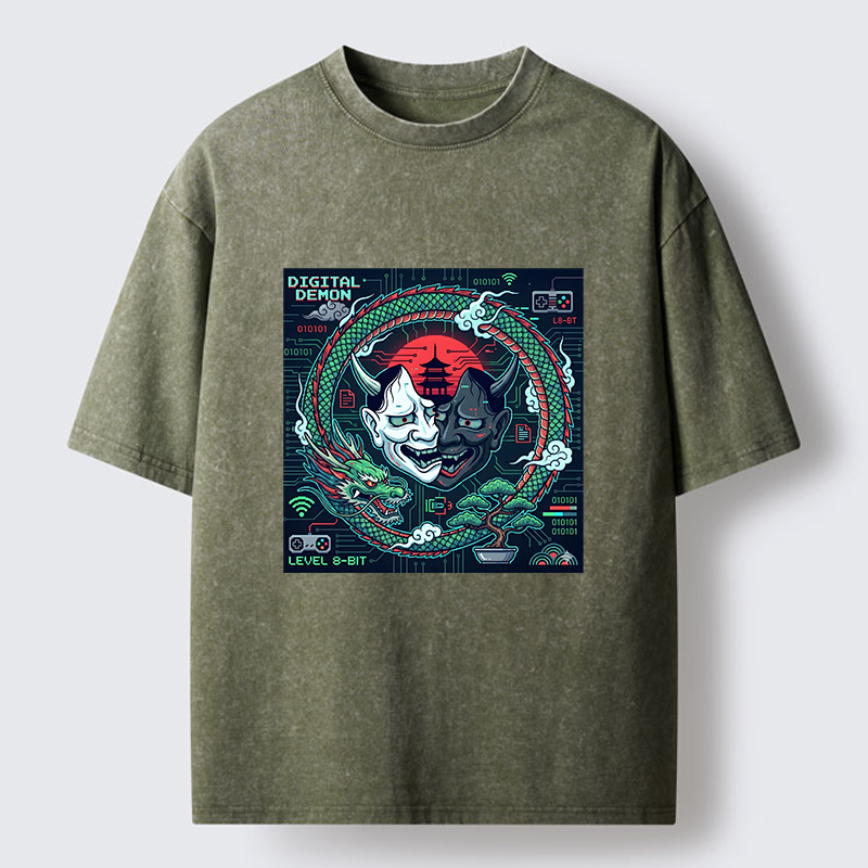 Tokyo-Tiger Japanese Oni Mask Hannya Game Washed T-Shirt