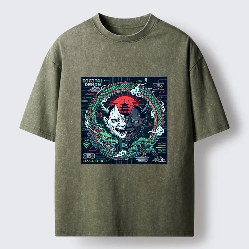 Tokyo-Tiger Japanese Oni Mask Hannya Game Washed T-Shirt