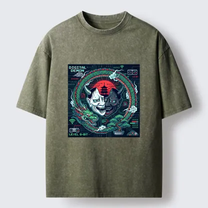 Tokyo-Tiger Japanese Oni Mask Hannya Game Washed T-Shirt