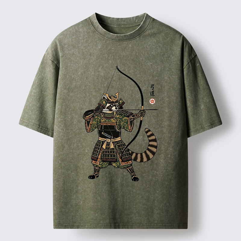 Tokyo-Tiger Kyudo Raccoon Samurai Washed T-Shirt