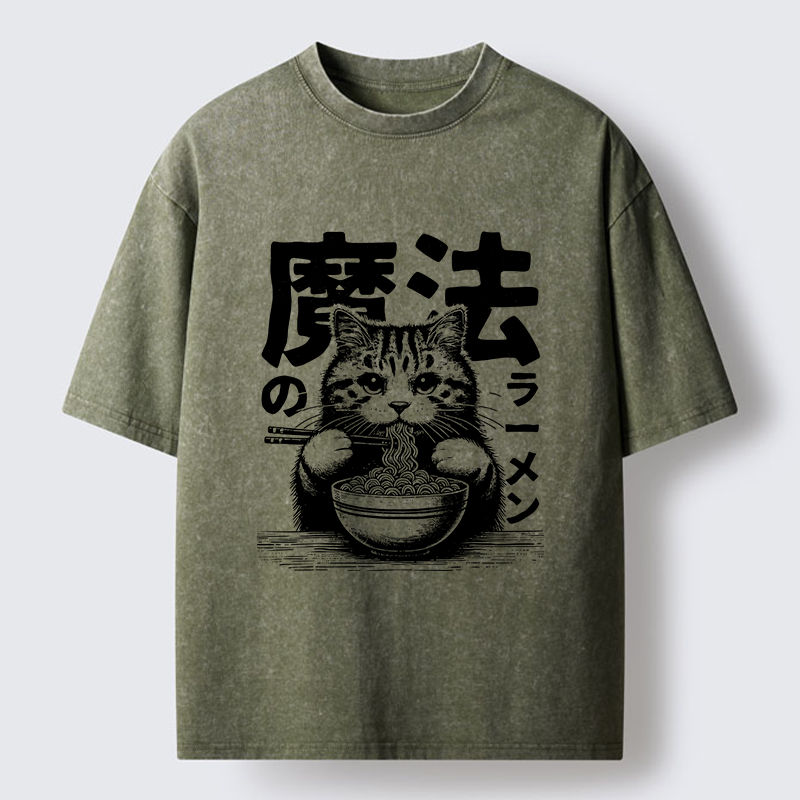 Tokyo-Tiger Cat Eating Magic Ramen Washed T-Shirt