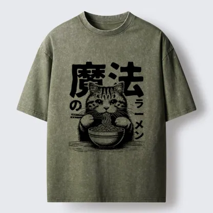 Tokyo-Tiger Cat Eating Magic Ramen Washed T-Shirt