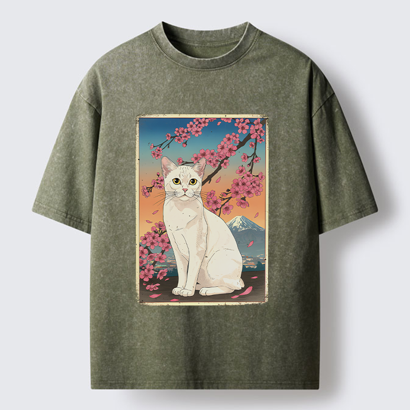 Tokyo-Tiger Sakura Fuji And Cat Japanese Art Washed T-Shirt