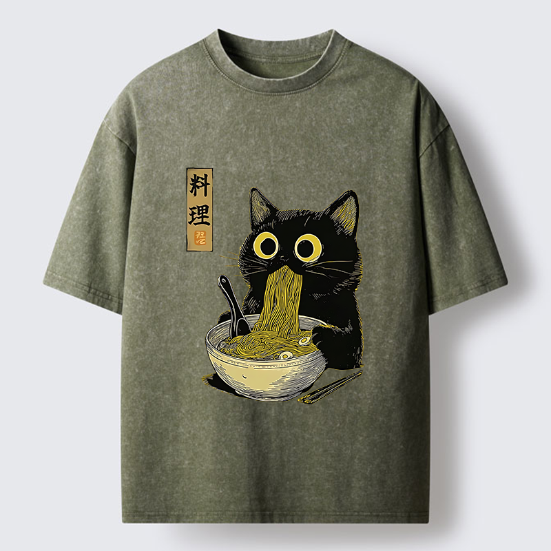 Tokyo-Tiger Japanese Black Cat Ramen Noodle Washed T-Shirt