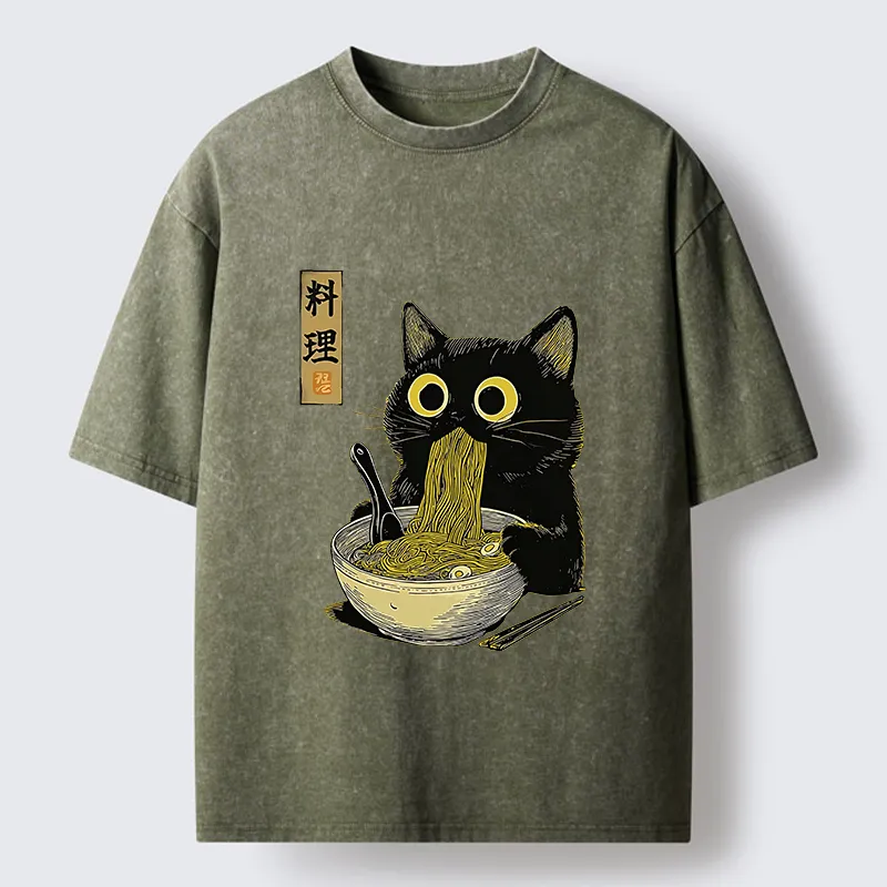 Tokyo-Tiger Japanese Black Cat Ramen Noodle Washed T-Shirt