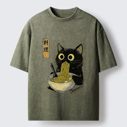 Tokyo-Tiger Japanese Black Cat Ramen Noodle Washed T-Shirt
