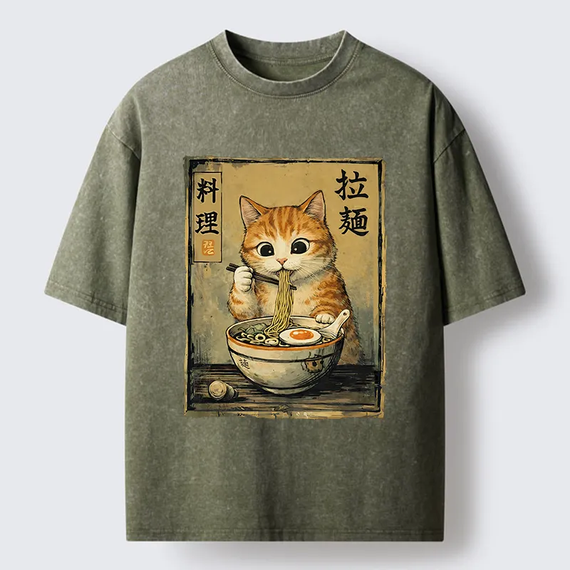 Tokyo-Tiger Retro Ginger Cat Ramen Washed T-Shirt
