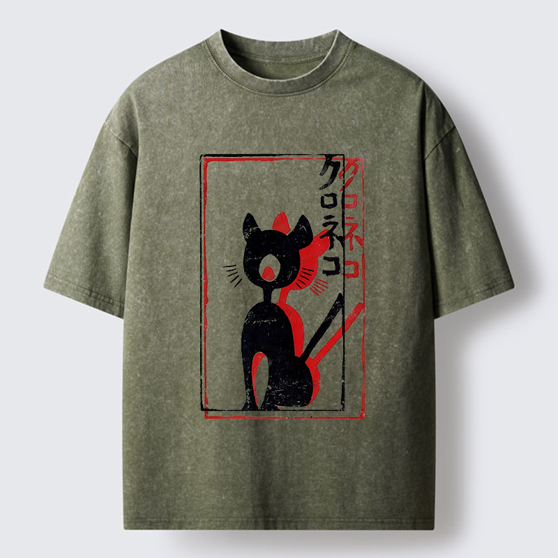 Tokyo-Tiger Japanese Retro Black Cat Poster Washed T-Shirt