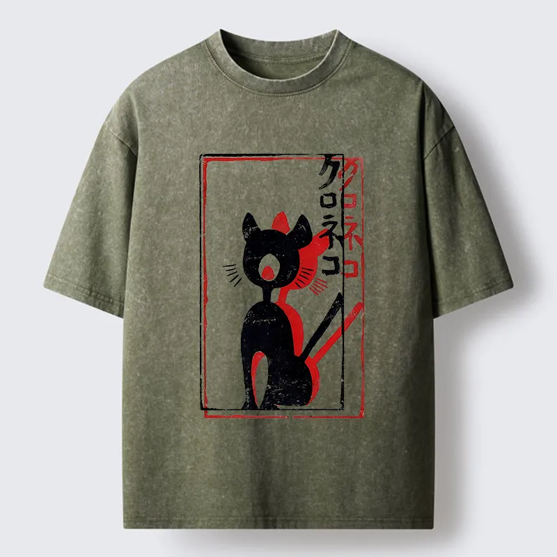 Tokyo-Tiger Japanese Retro Black Cat Poster Washed T-Shirt