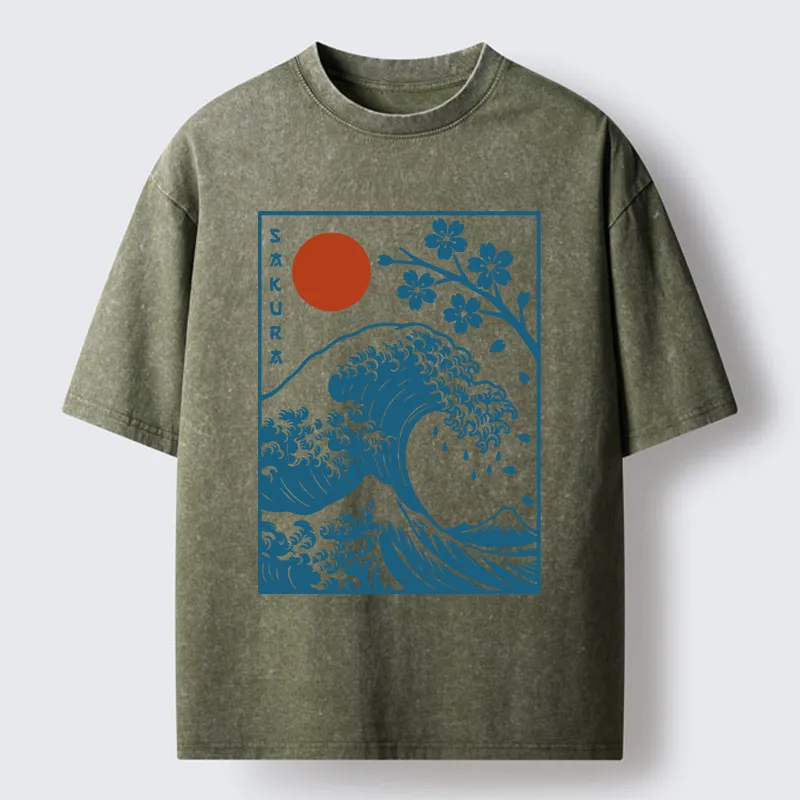 Tokyo-Tiger Japanese The Great Wave And Sakura Washed T-Shirt