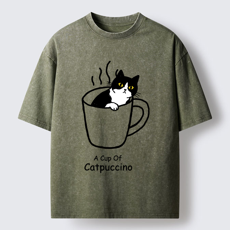 Tokyo-Tiger Catpuccino Cat Coffee Funny Washed T-Shirt