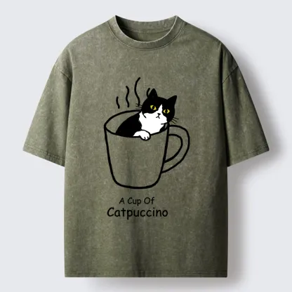 Tokyo-Tiger Catpuccino Cat Coffee Funny Washed T-Shirt