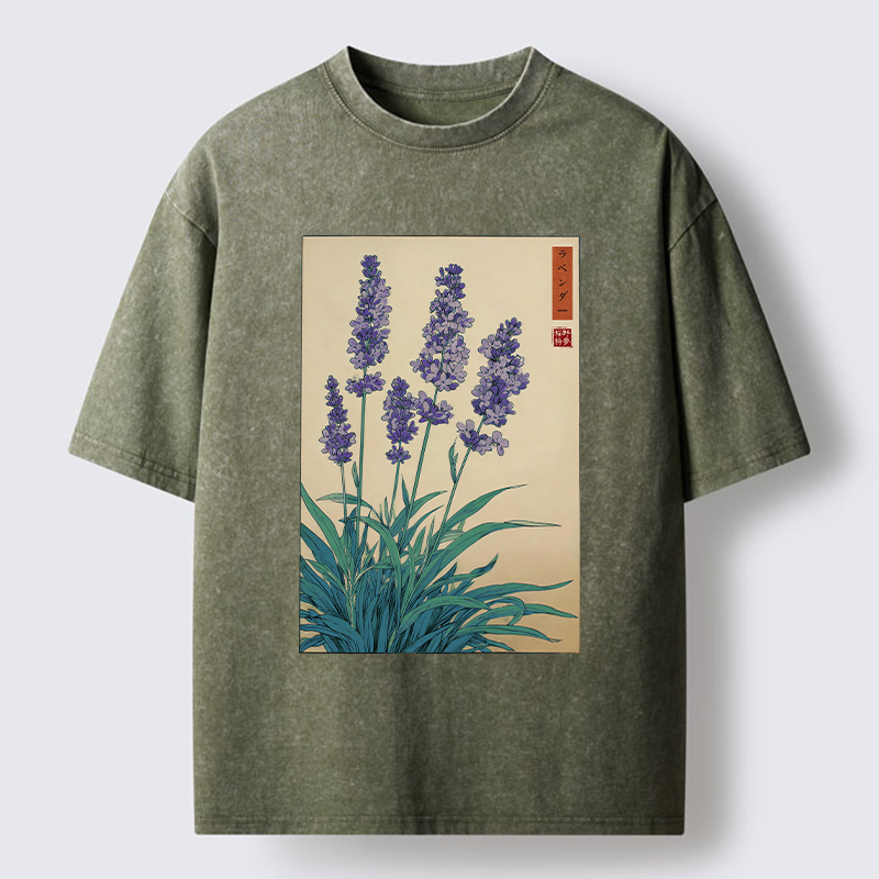 Tokyo-Tiger Japanese Art Lavender Flower Washed T-Shirt