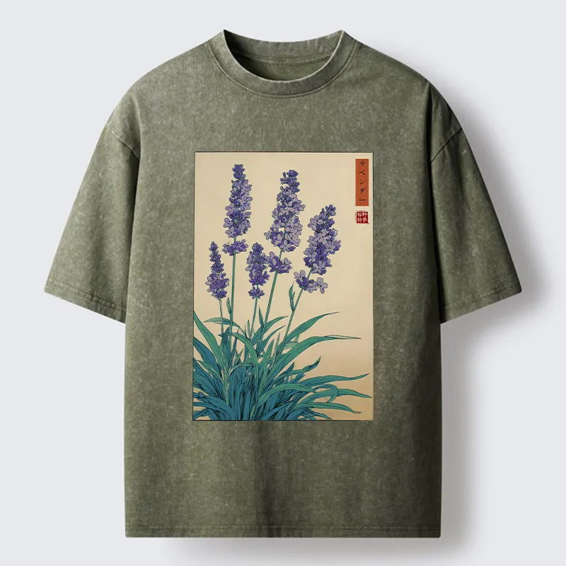 Tokyo-Tiger Japanese Art Lavender Flower Washed T-Shirt