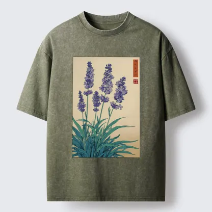 Tokyo-Tiger Japanese Art Lavender Flower Washed T-Shirt