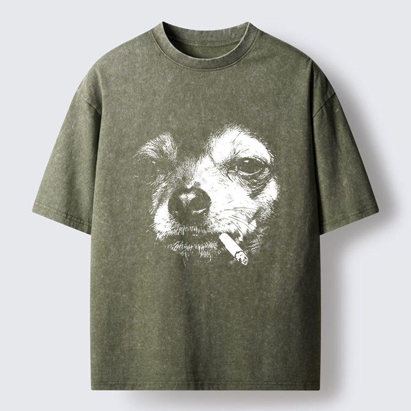 Tokyo-Tiger Smoking Dog Funny Meme Washed T-Shirt