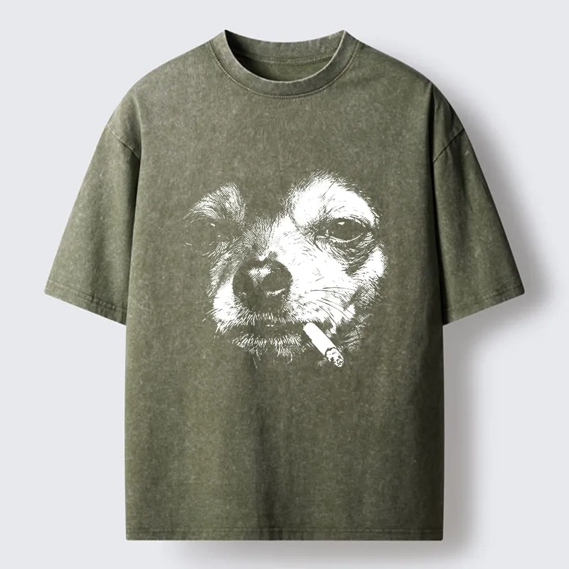 Tokyo-Tiger Smoking Dog Funny Meme Washed T-Shirt