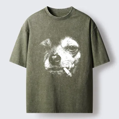 Tokyo-Tiger Smoking Dog Funny Meme Washed T-Shirt