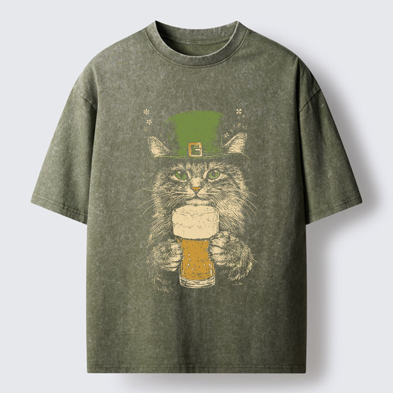 Tokyo-Tiger St Patrick's Day Drinking Cat Washed T-Shirt