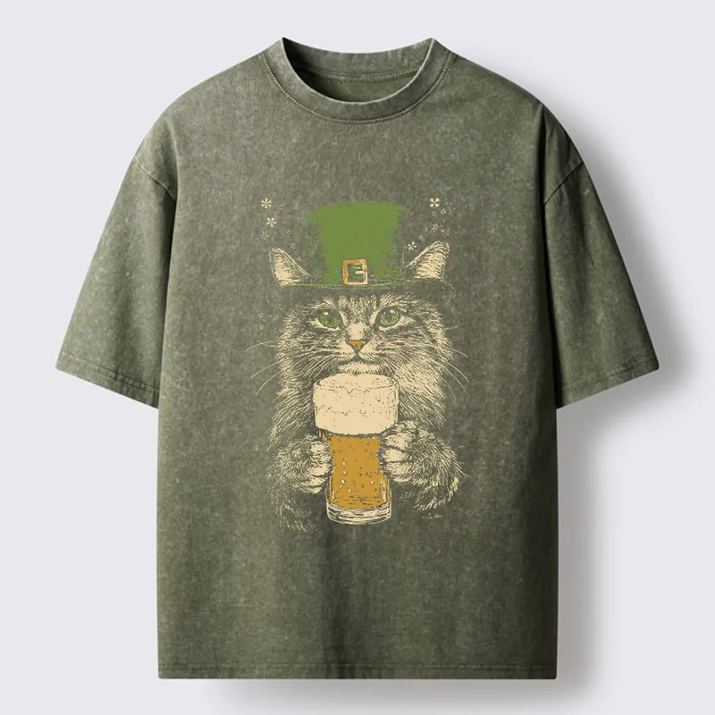 Tokyo-Tiger St Patrick's Day Drinking Cat Washed T-Shirt