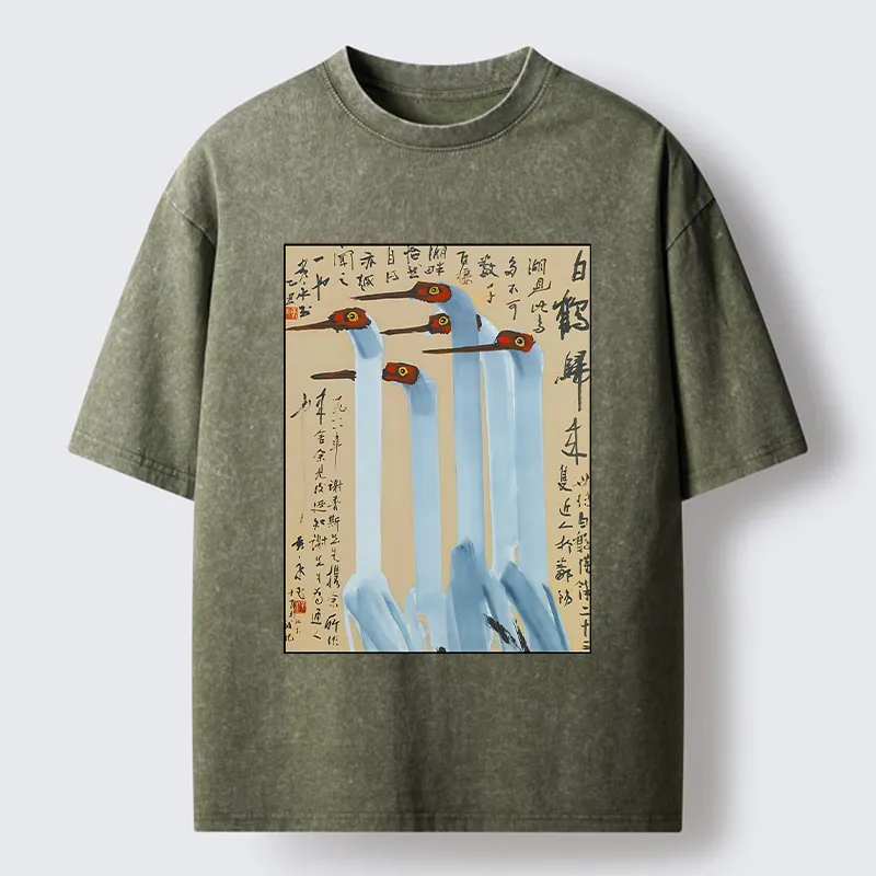 Tokyo-Tiger Vintage Ink Painting Crane Art Washed T-Shirt