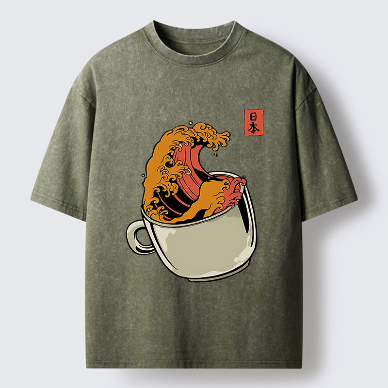 Tokyo-Tiger Japanese Wave Coffee Ukiyoe Washed T-Shirt