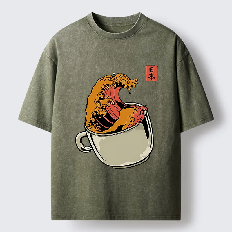 Tokyo-Tiger Japanese Wave Coffee Ukiyoe Washed T-Shirt