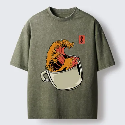 Tokyo-Tiger Japanese Wave Coffee Ukiyoe Washed T-Shirt