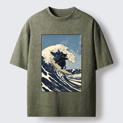 Tokyo-Tiger Black Cat Surfing Wave Japanese Ukiyoe Washed T-Shirt