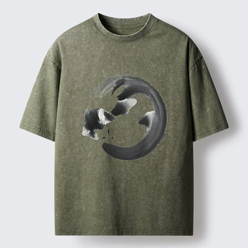 Tokyo-Tiger Inkpainting Cat Zen Enso Washed T-Shirt