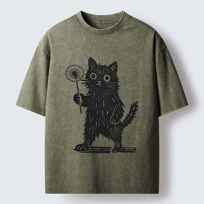 Tokyo-Tiger Cat And Dandelion Woodblock Washed T-Shirt