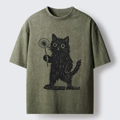 Tokyo-Tiger Cat And Dandelion Woodblock Washed T-Shirt