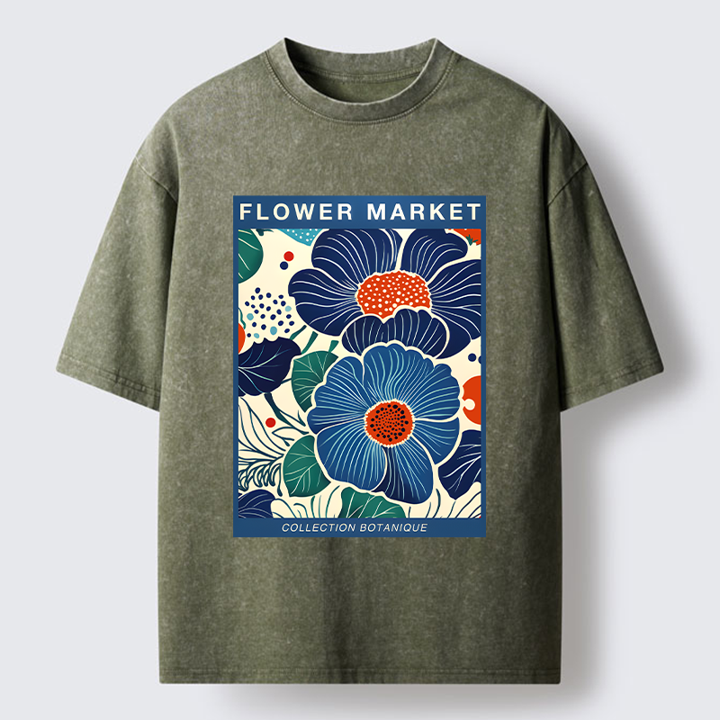 Tokyo-Tiger Blue Flowers Botanical Art Washed T-Shirt