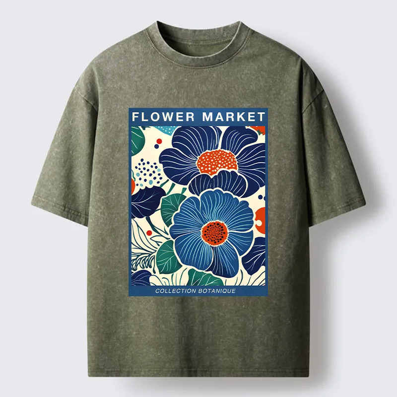 Tokyo-Tiger Blue Flowers Botanical Art Washed T-Shirt