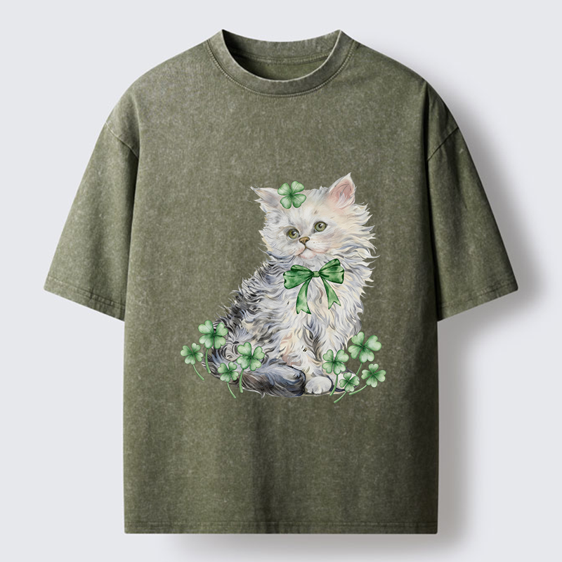 Tokyo-Tiger St Patricks Day Cat Clover Washed T-Shirt
