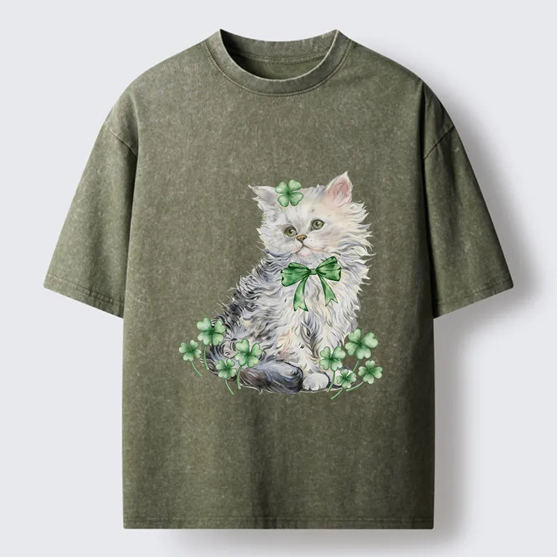 Tokyo-Tiger St Patricks Day Cat Clover Washed T-Shirt