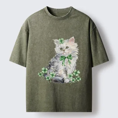 Tokyo-Tiger St Patricks Day Cat Clover Washed T-Shirt