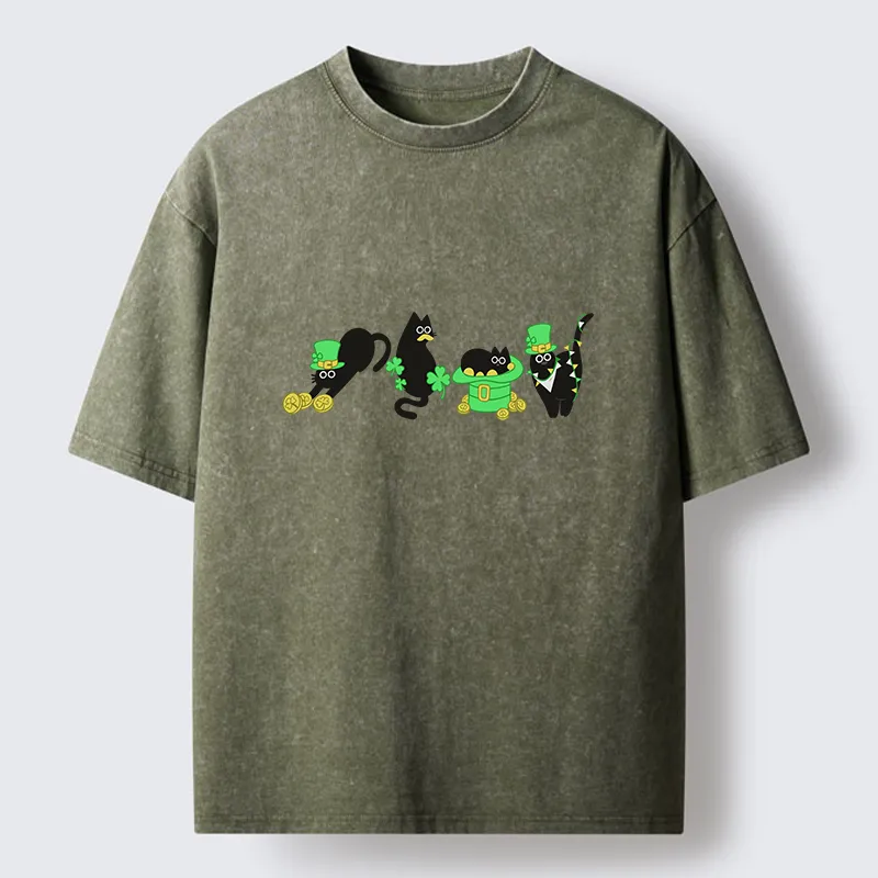 Tokyo-Tiger St Patrick's Day Black Naughty Cats Washed T-Shirt