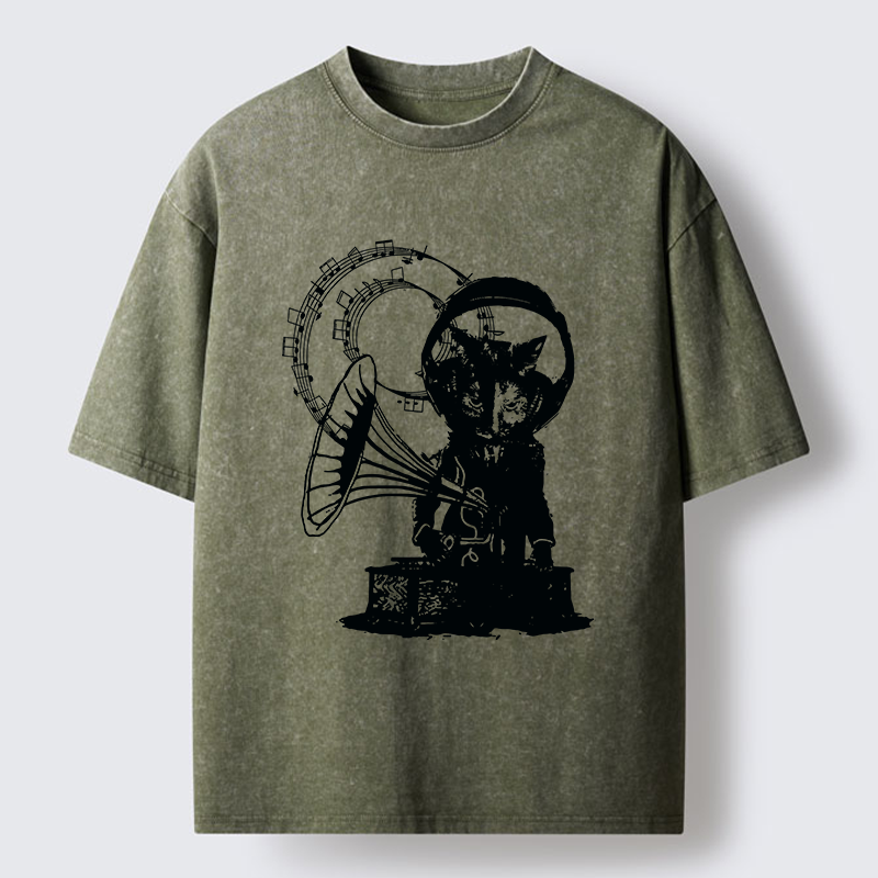 Tokyo-Tiger Vintage Cat Phonograph Music Washed T-Shirt