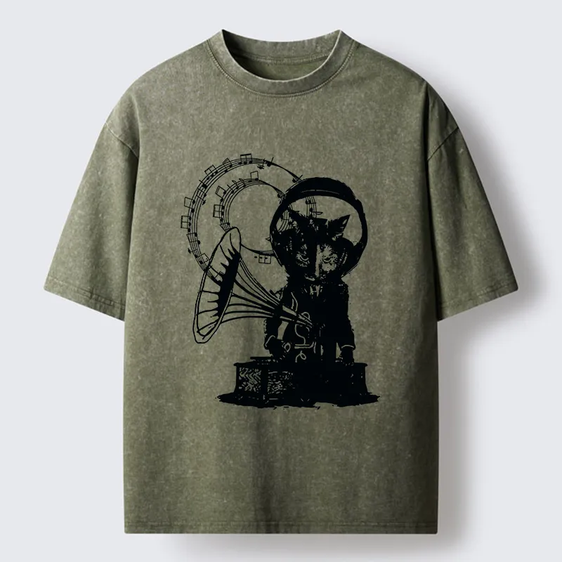 Tokyo-Tiger Vintage Cat Phonograph Music Washed T-Shirt