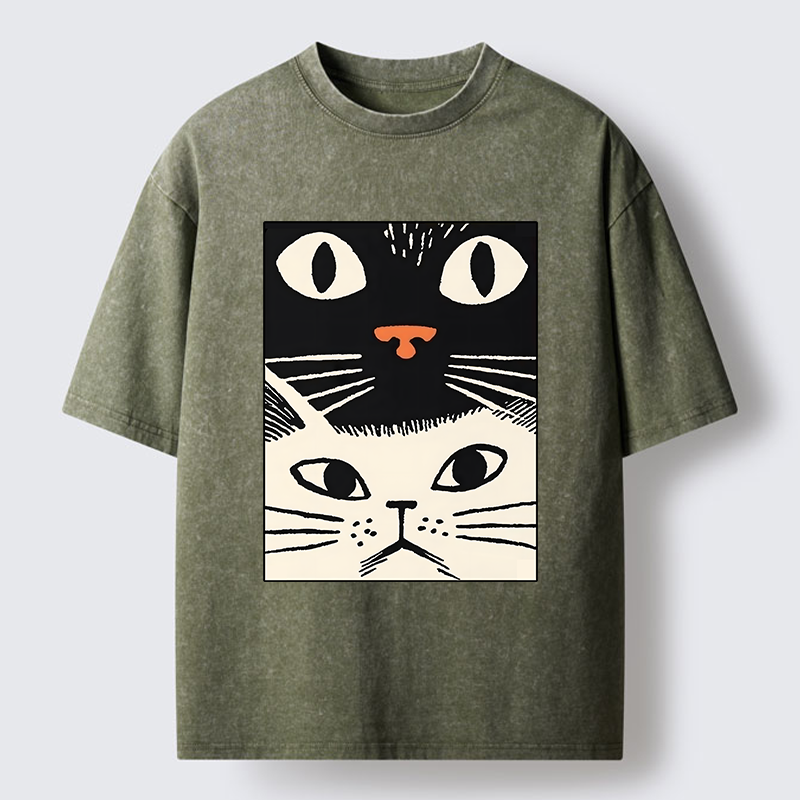 Tokyo-Tiger Black Cat And White Cat Washed T-Shirt