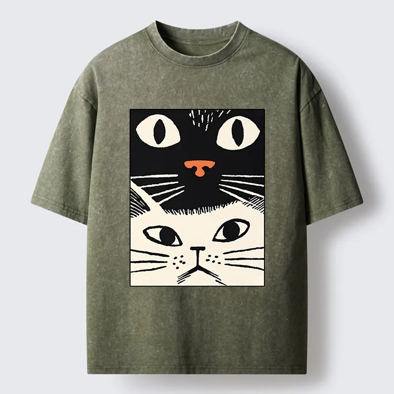Tokyo-Tiger Black Cat And White Cat Washed T-Shirt