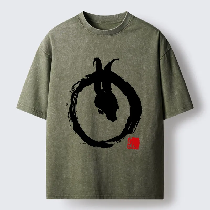 Tokyo-Tiger Ink Painting Zen Enso Rabbit Washed T-Shirt