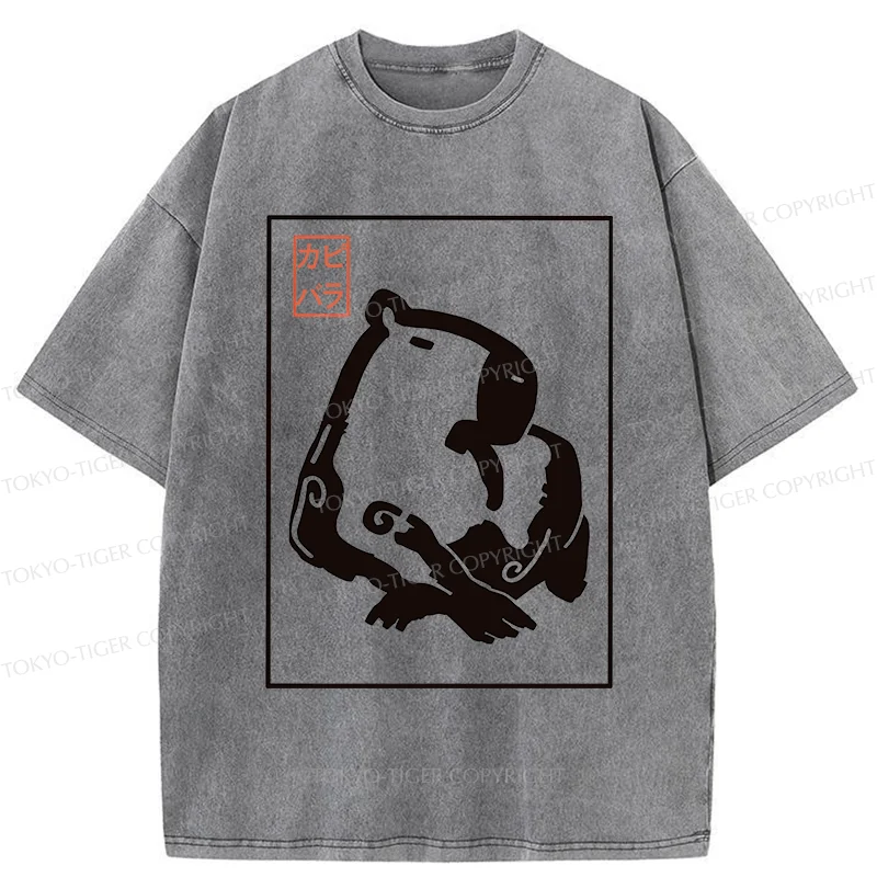 Tokyo-Tiger Woodblock Print Capybara Washed T-Shirt