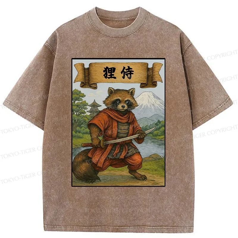 Tokyo-Tiger Raccoon Samurai Japan Washed T-Shirt