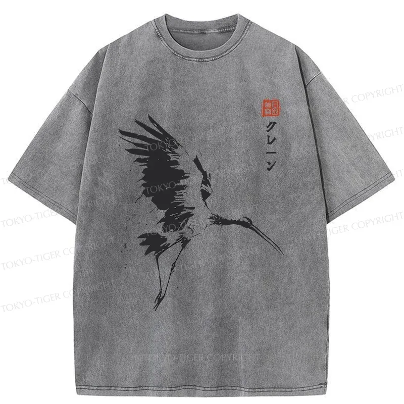 Tokyo-Tiger Japanese Crane Ink Painting Washed T-Shirt