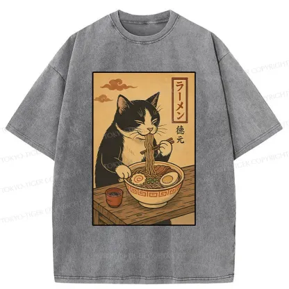 Tokyo-Tiger Tuxedo Cat Eats Ramen Washed T-Shirt