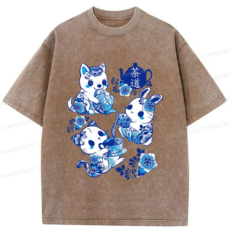Tokyo-Tiger Blue And White Porcelain Washed T-Shirt