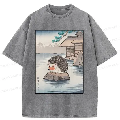 Tokyo-Tiger Hedgehog Taking A Hot Spring Bath Washed T-Shirt